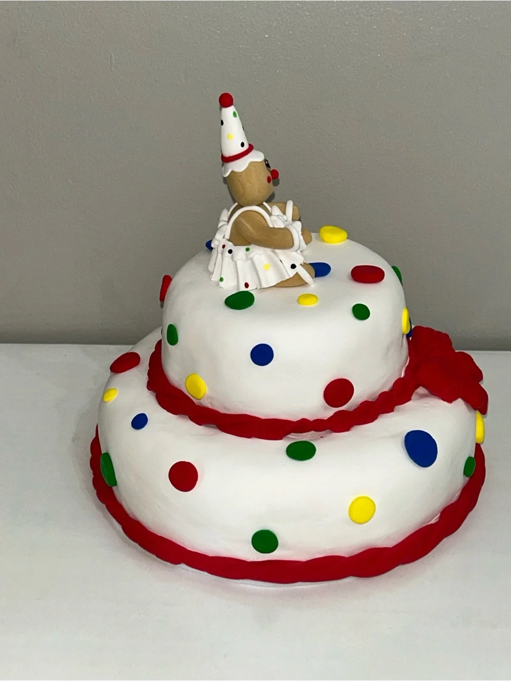 Gingerbread Clown Fake Cake Decoration - White with Red Accents HANDMADE